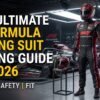 An F1 racing suit buying guide promotional graphic featuring a driver standing in full black and red gear beside a race car, with text reading "The Ultimate F1 Formula Racing Suit Buying Guide for 2026