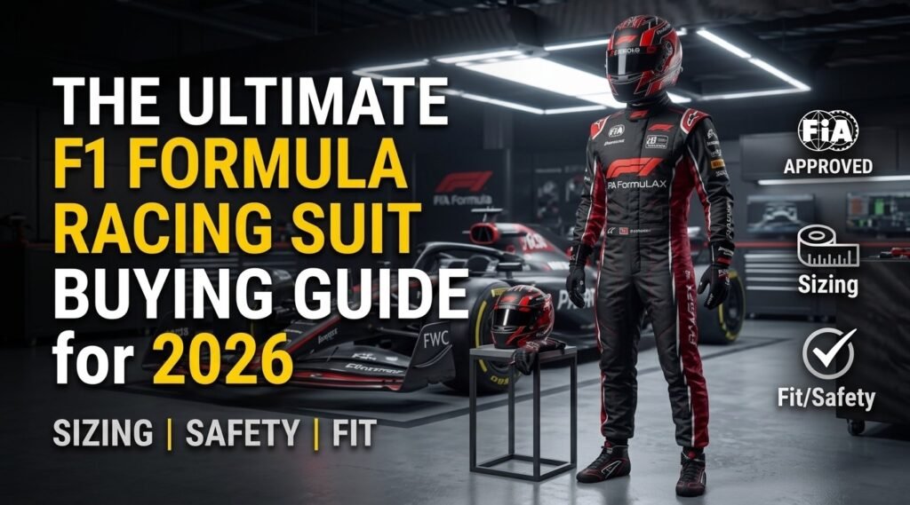An F1 racing suit buying guide promotional graphic featuring a driver standing in full black and red gear beside a race car, with text reading "The Ultimate F1 Formula Racing Suit Buying Guide for 2026