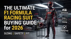 An F1 racing suit buying guide promotional graphic featuring a driver standing in full black and red gear beside a race car, with text reading "The Ultimate F1 Formula Racing Suit Buying Guide for 2026