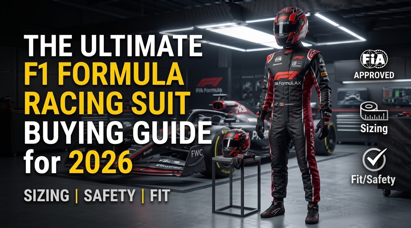An F1 racing suit buying guide promotional graphic featuring a driver standing in full black and red gear beside a race car, with text reading "The Ultimate F1 Formula Racing Suit Buying Guide for 2026