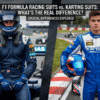 A side-by-side comparison image contrasting a professional F1 driver and a young adult Karting driver in their respective racing suits. The image features clear informational text panels highlighting differences in safety certifications, material (Nomex vs. Cordura), fire resistance vs. abrasion resistance, and design focus for both disciplines on a racetrack background.