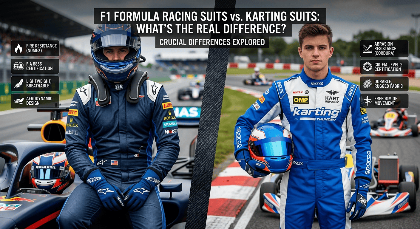 A side-by-side comparison image contrasting a professional F1 driver and a young adult Karting driver in their respective racing suits. The image features clear informational text panels highlighting differences in safety certifications, material (Nomex vs. Cordura), fire resistance vs. abrasion resistance, and design focus for both disciplines on a racetrack background.